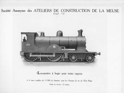 <b>Locomotive à bogie pour trains express</b><br>à 4 roues couplées de 1m980 de diamètre<br>pour les Chemins de fer de l'Etat Belge 